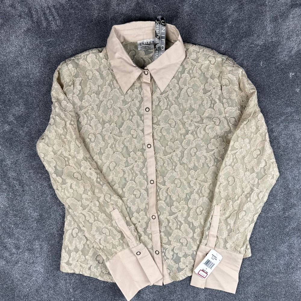 John Paul Richard Uniform Beige Floral Lace Button Up Shirt Snap Front Small NWT